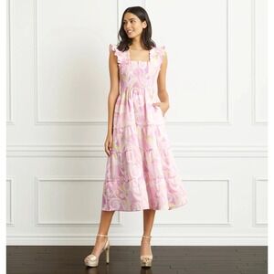 Hill House Nap Dress Pink Kaleidoscope Smocked Tiered Midi Dress Linen Small‎